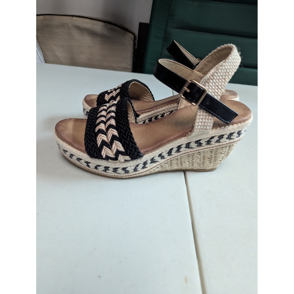 Womens Wedge Espadrille Sandals Black Beige Braided Ankle Strap - Picture 7 of 12